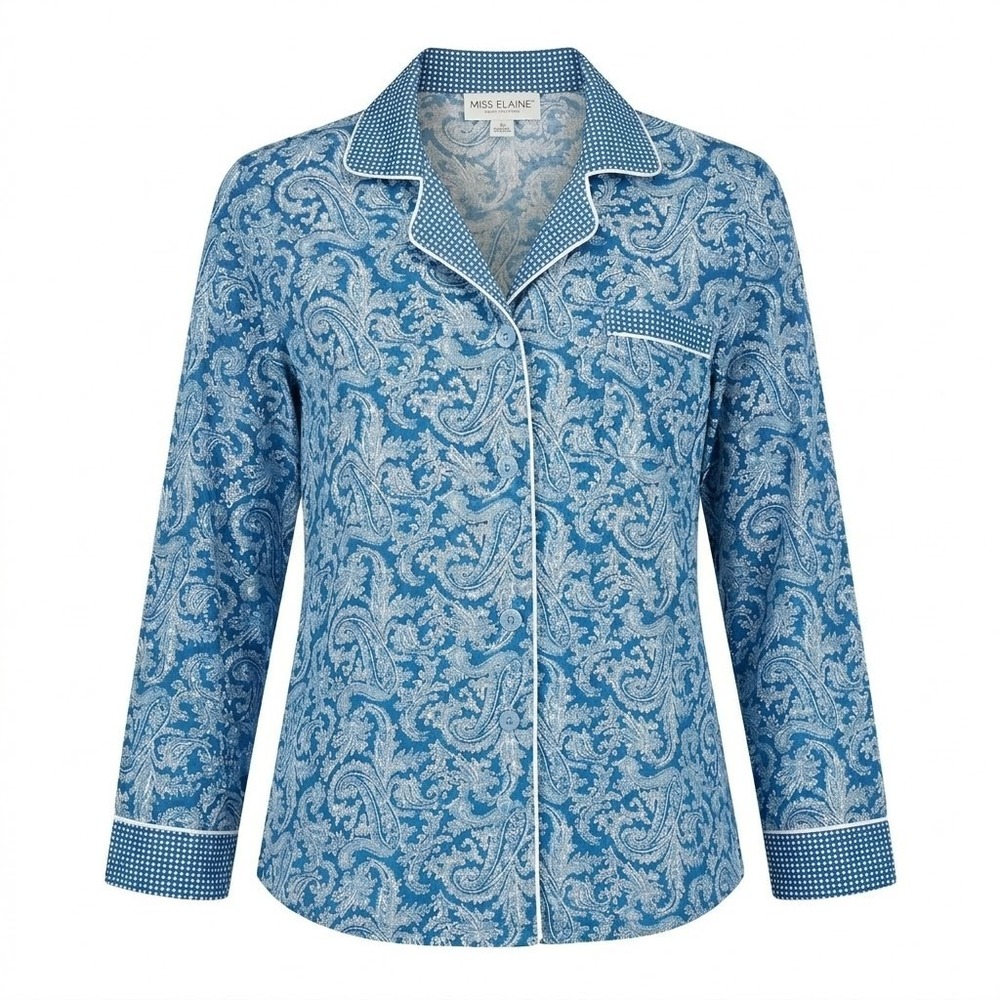 Miss Elaine Petites Medium Blue Paisley Button Front Soft Pajama Set‎ PM Lounge - Picture 4 of 10